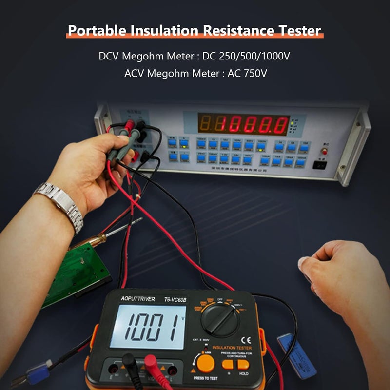 AOPUTTRIVER Megohmmeter 1000V Insulation Resistance Tester, 1999 Counts Megaohm Meter Big LCD Display DCV ACV Megohm Meter DC250/500/1000V, 200MΩ~2000MΩ Resistance Testing with Data Hold Backlit for Motor Cables - Image 5